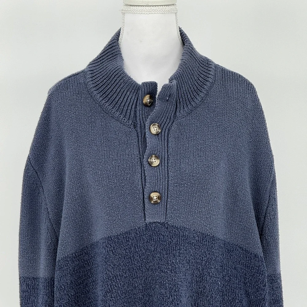 Grandpacore Minimalist‎ Two Tone Henley Knit Mock Neck Sweater Blue Men's XL
